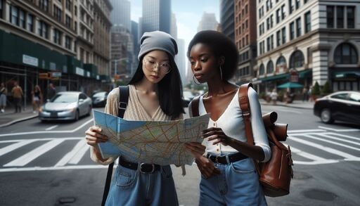 Two young women one Asian, one Aboriginal looking at a map together